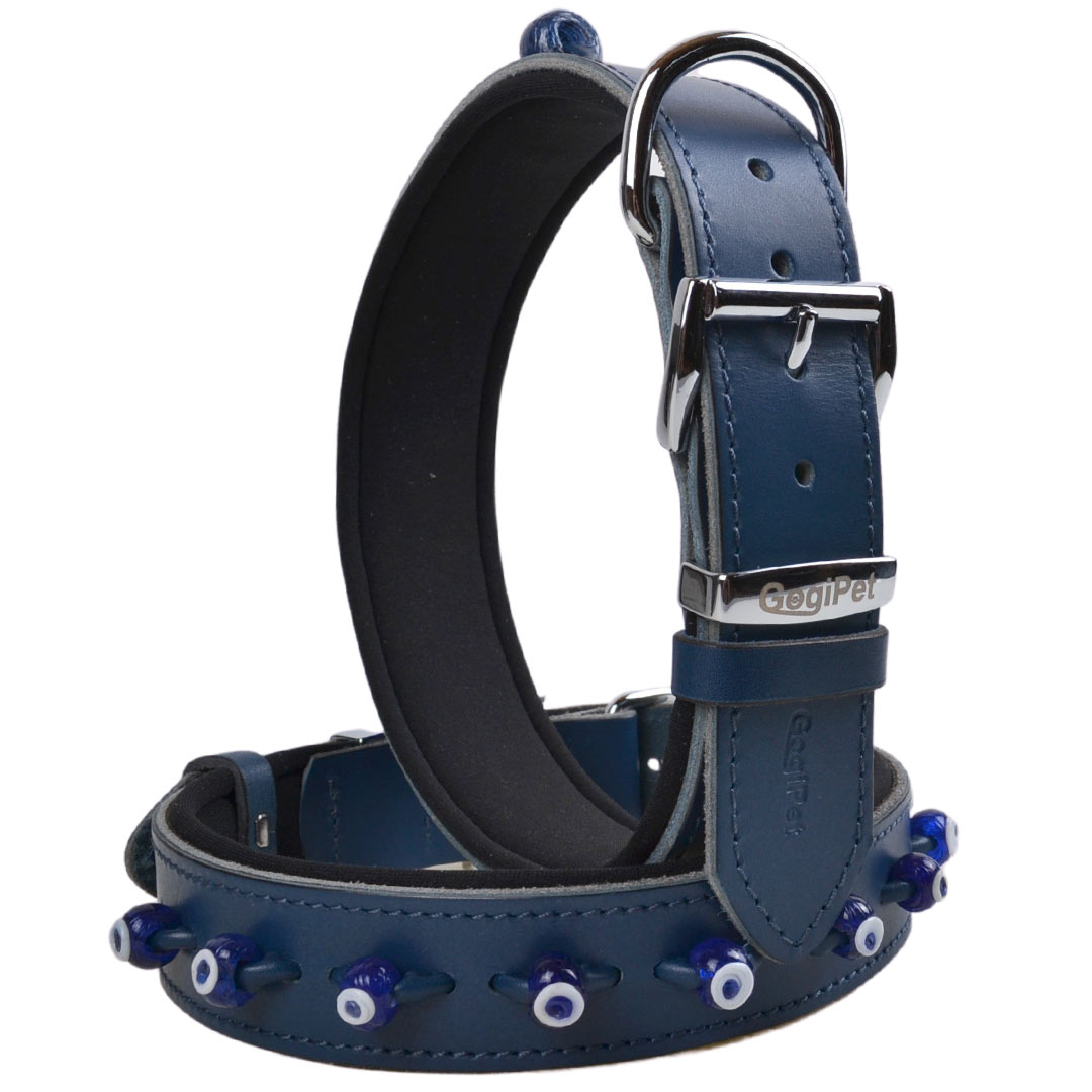 GogiPet Nazar eyes dog collar made of blue leather with numerous Nazar glass ornaments from traditional handcraft