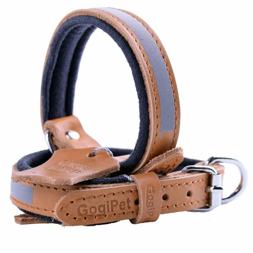 GogiPet genuine leather dog collar brown with luminous stripes