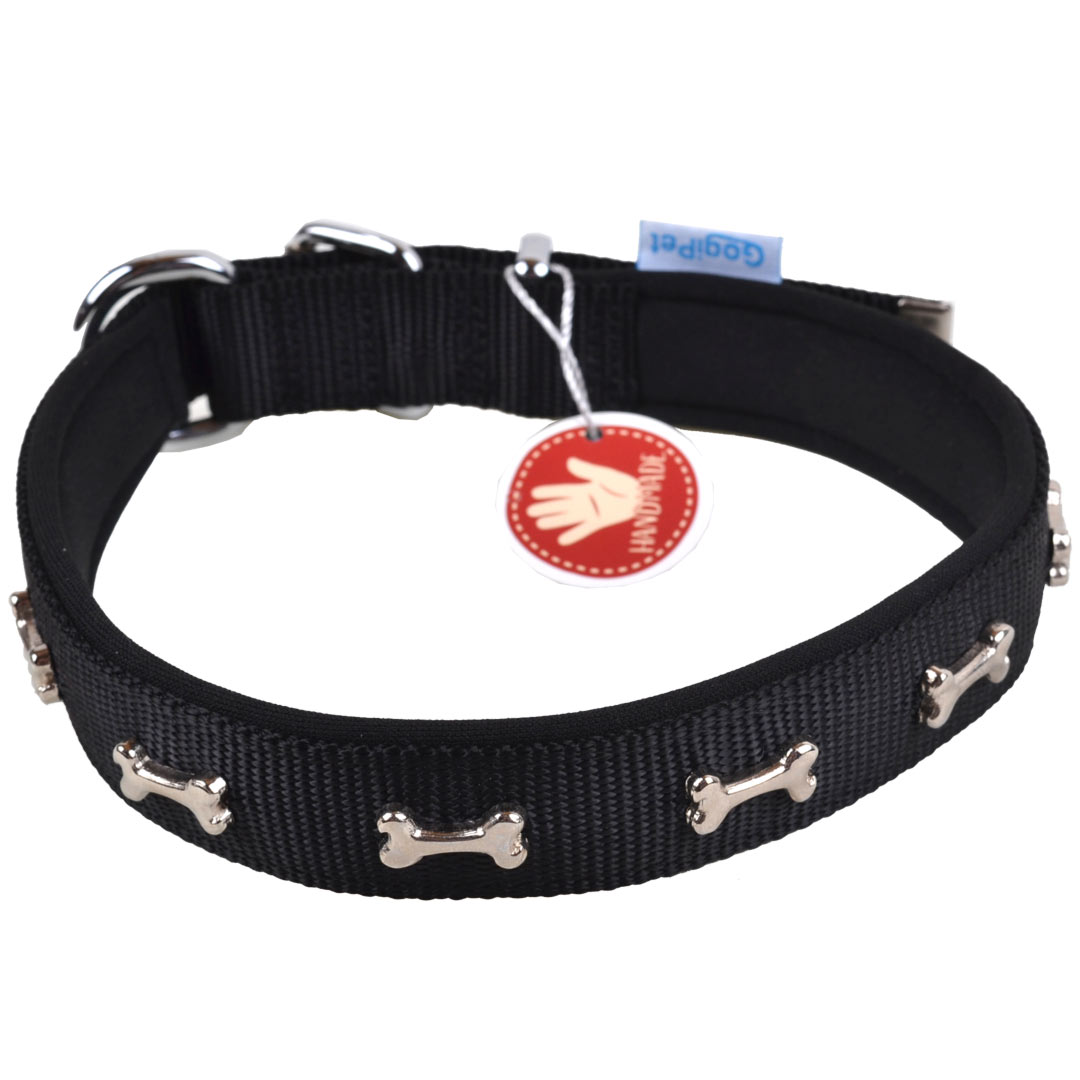 Black GogiPet® comfort dog collar with bone for neck circumference 37-45cm