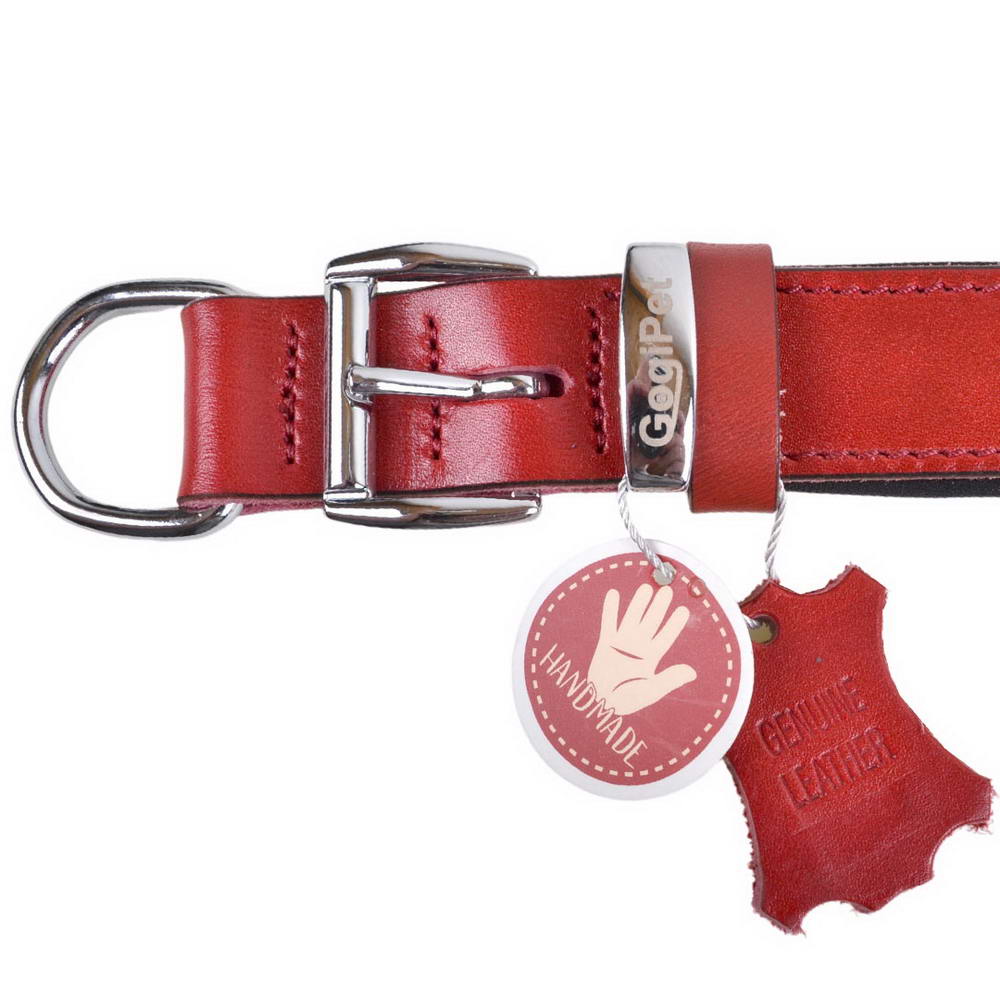 Handmade leather dog collars red with soft padding