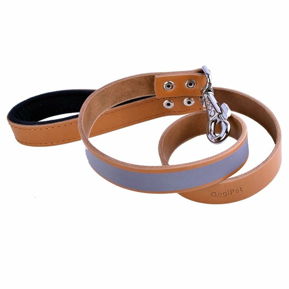 Real leather dog leash camel coloured with reflective stripes for more safety