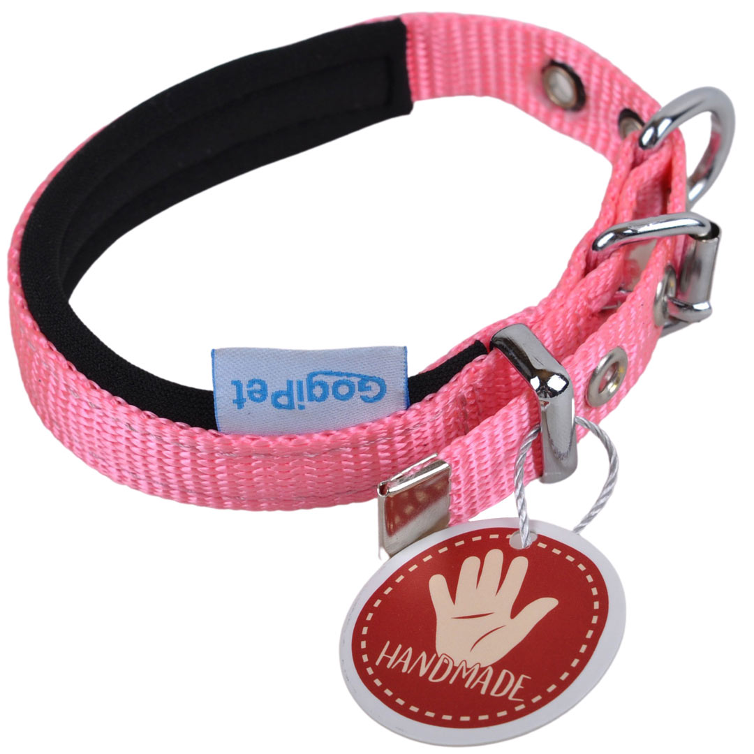 Handmade, pink dog collar made of robust Super Premium Nylon fabric
