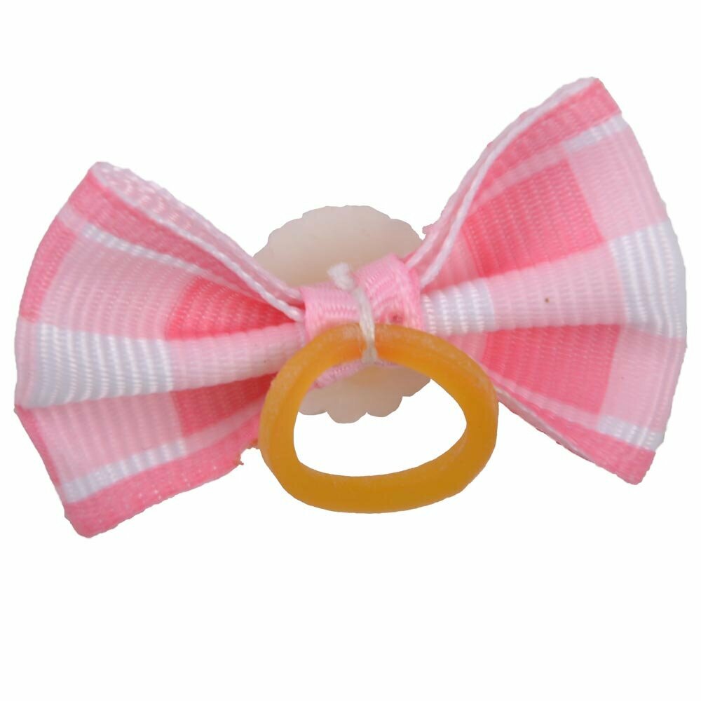 Dog bow with rubber ring - light pink checkered with stone by GogiPet