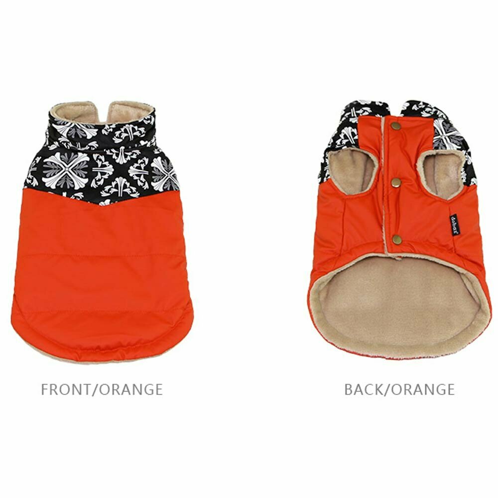 dog coat Nancy orange front view and rear view