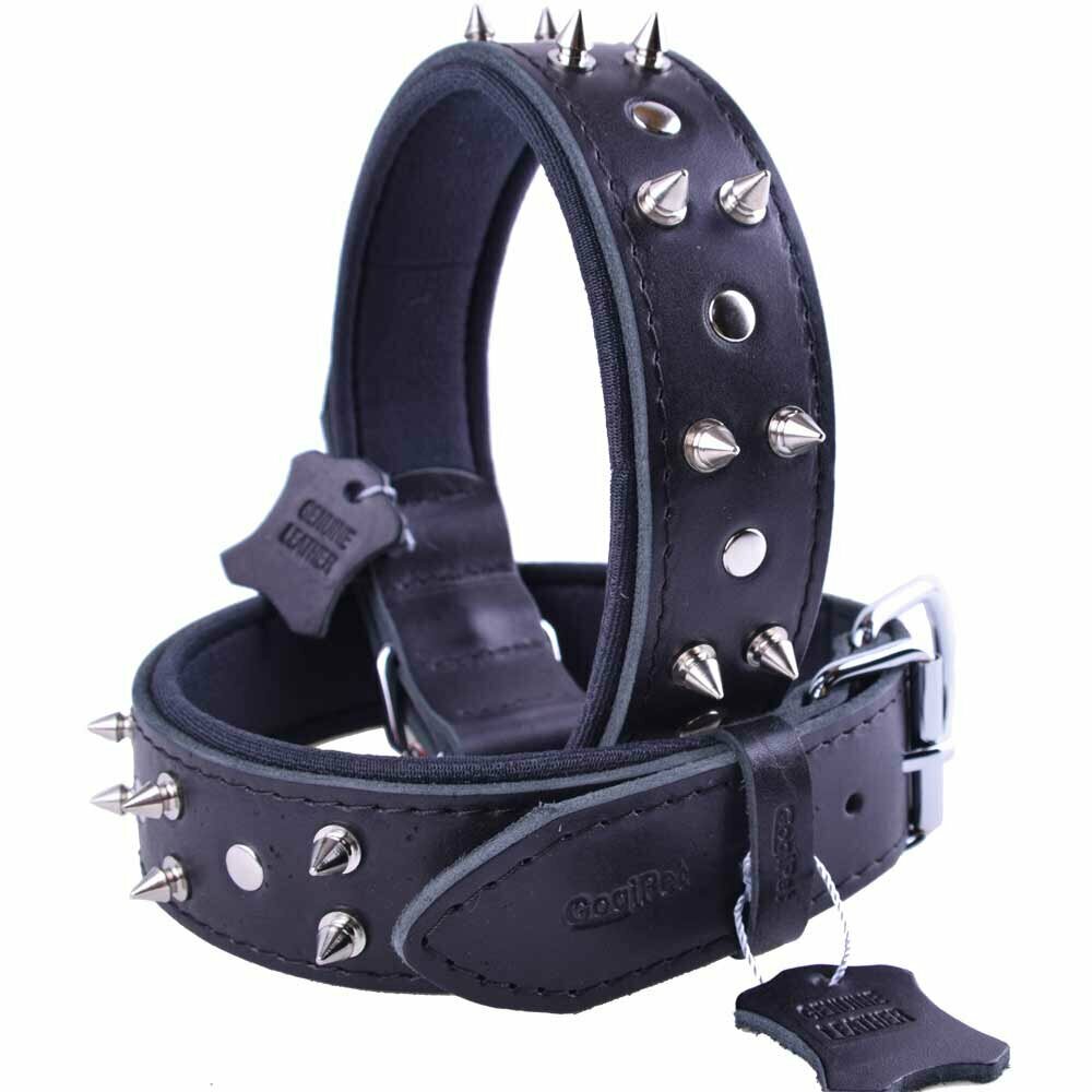 Handmade GogiPet® Spike comfort leather dog collar black