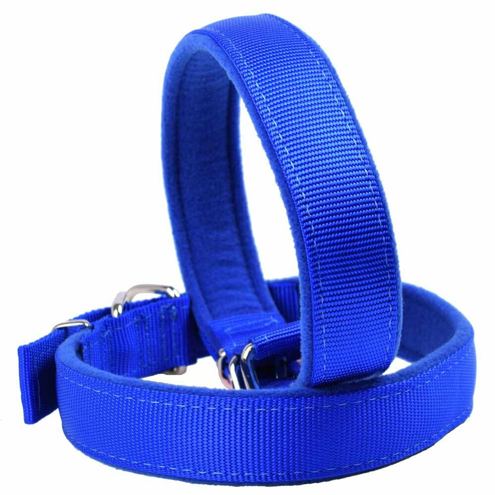 Very robust and cuddly soft dog collar made of blue Super Premium fabric with fluffy padding