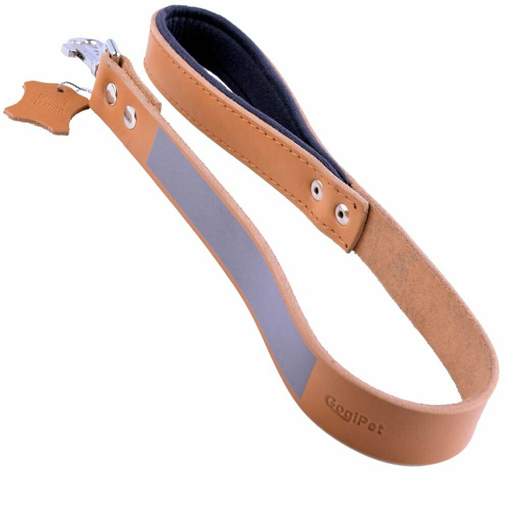 Camel coloured genuine leather dog leash with soft padded handle and reflective strips