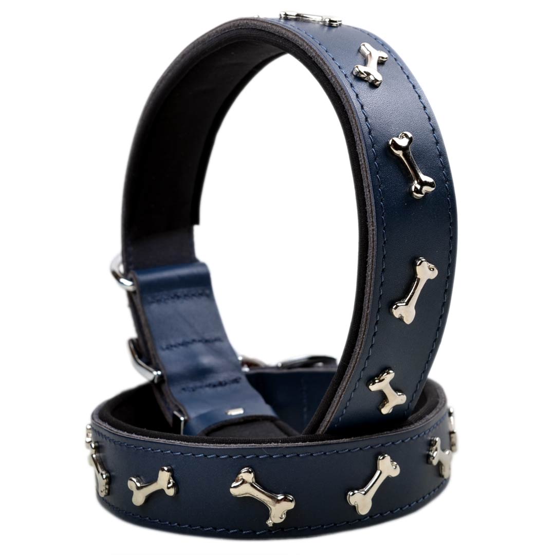 Blue Genuine Leather Dog Collar with Metal Decorative Bones