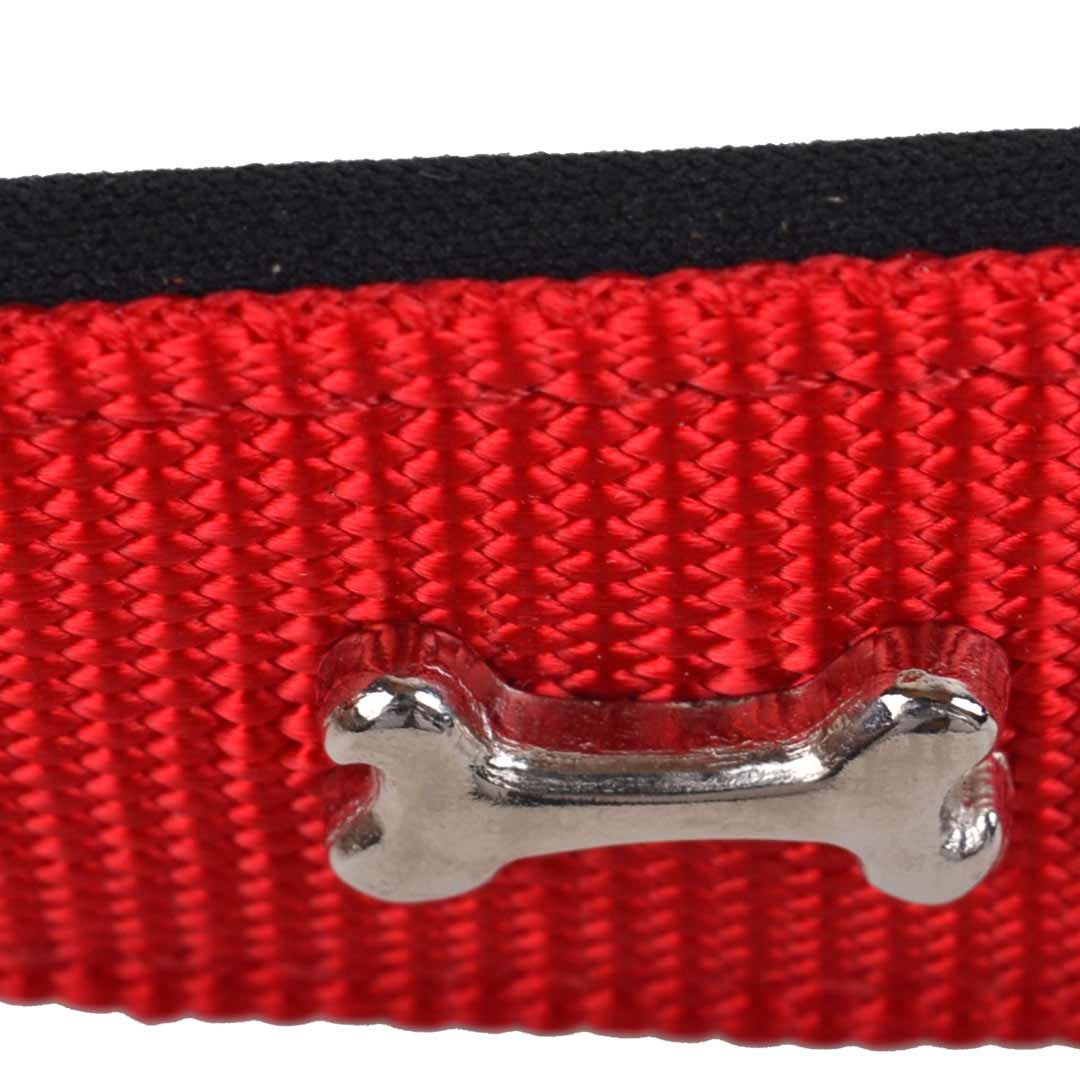 Soft padded dog collar red with bone