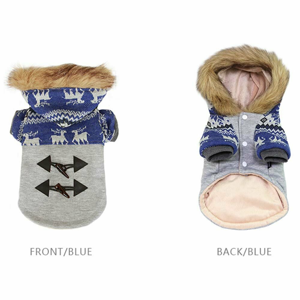 Front view and rear view of the dog clothes with Norwegian patterns with reindeer