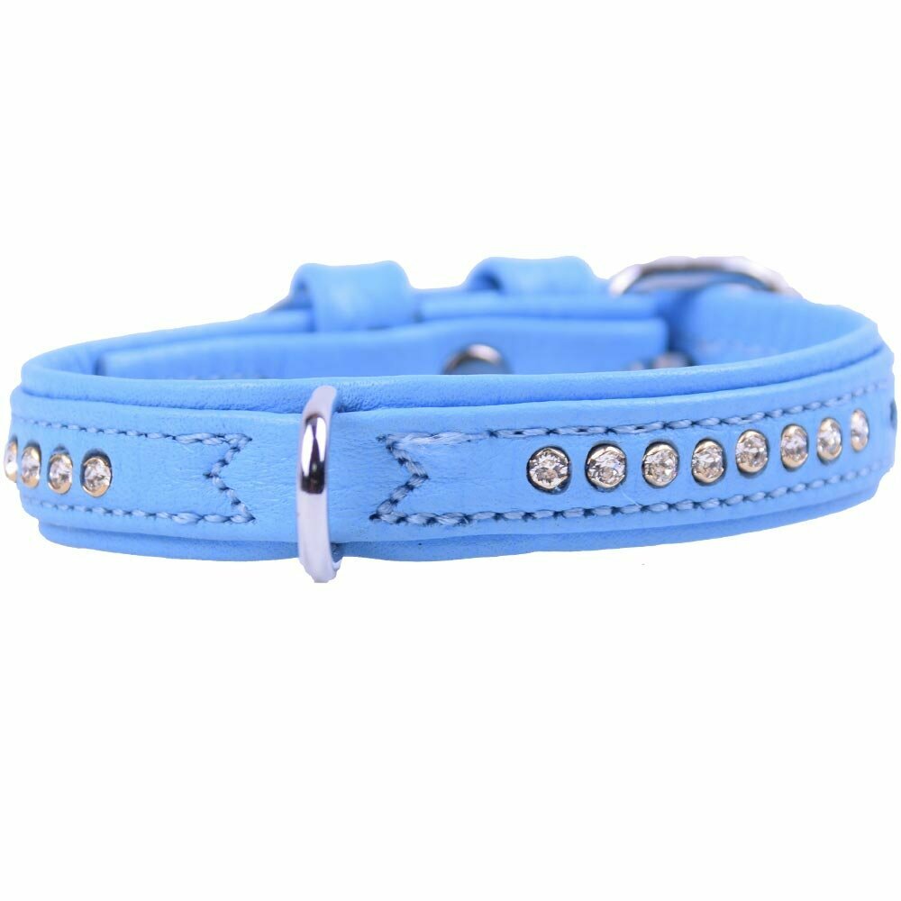Blue genuine leather Swarovski dog collar