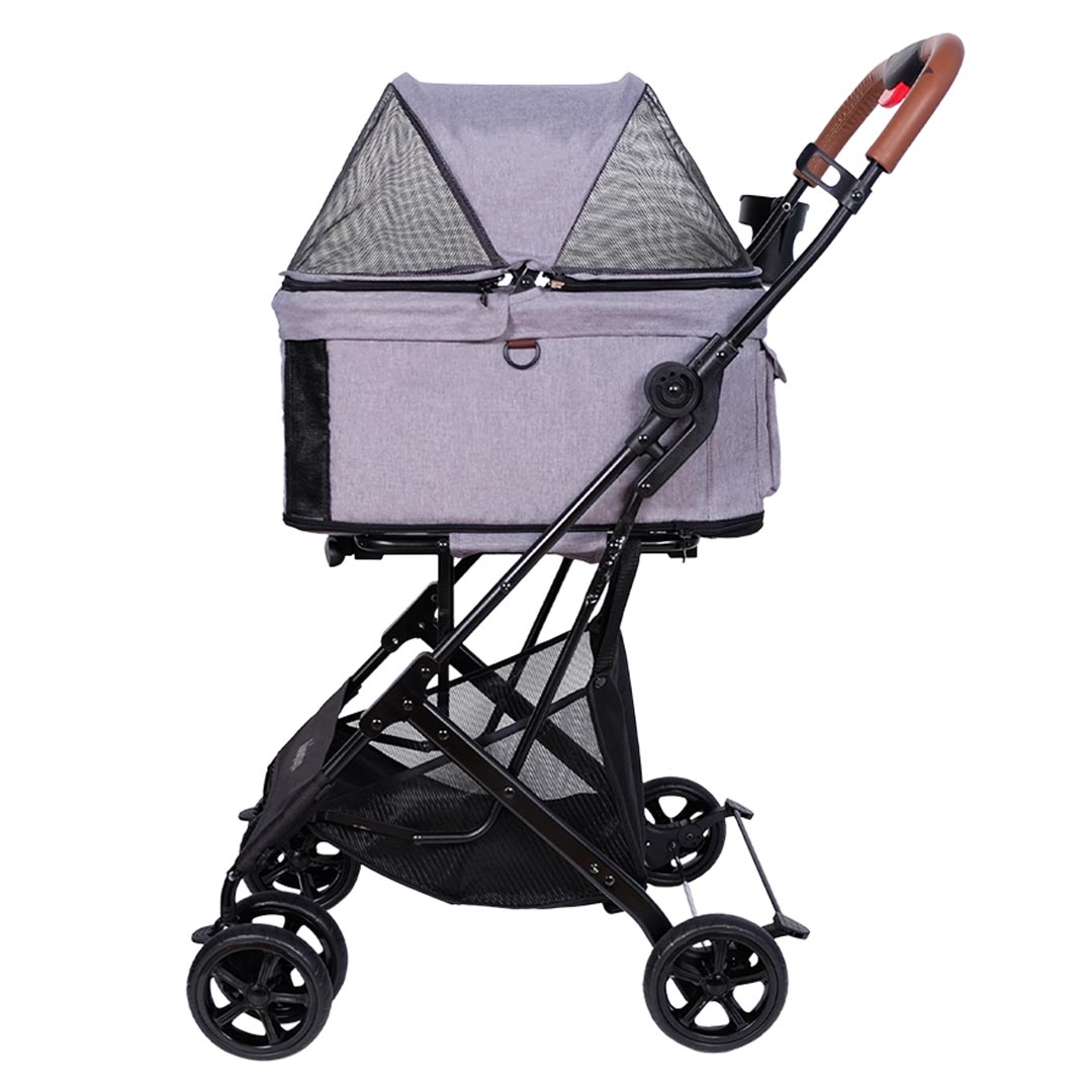 Dog buggy with quick-fold system, storage basket and dog bag