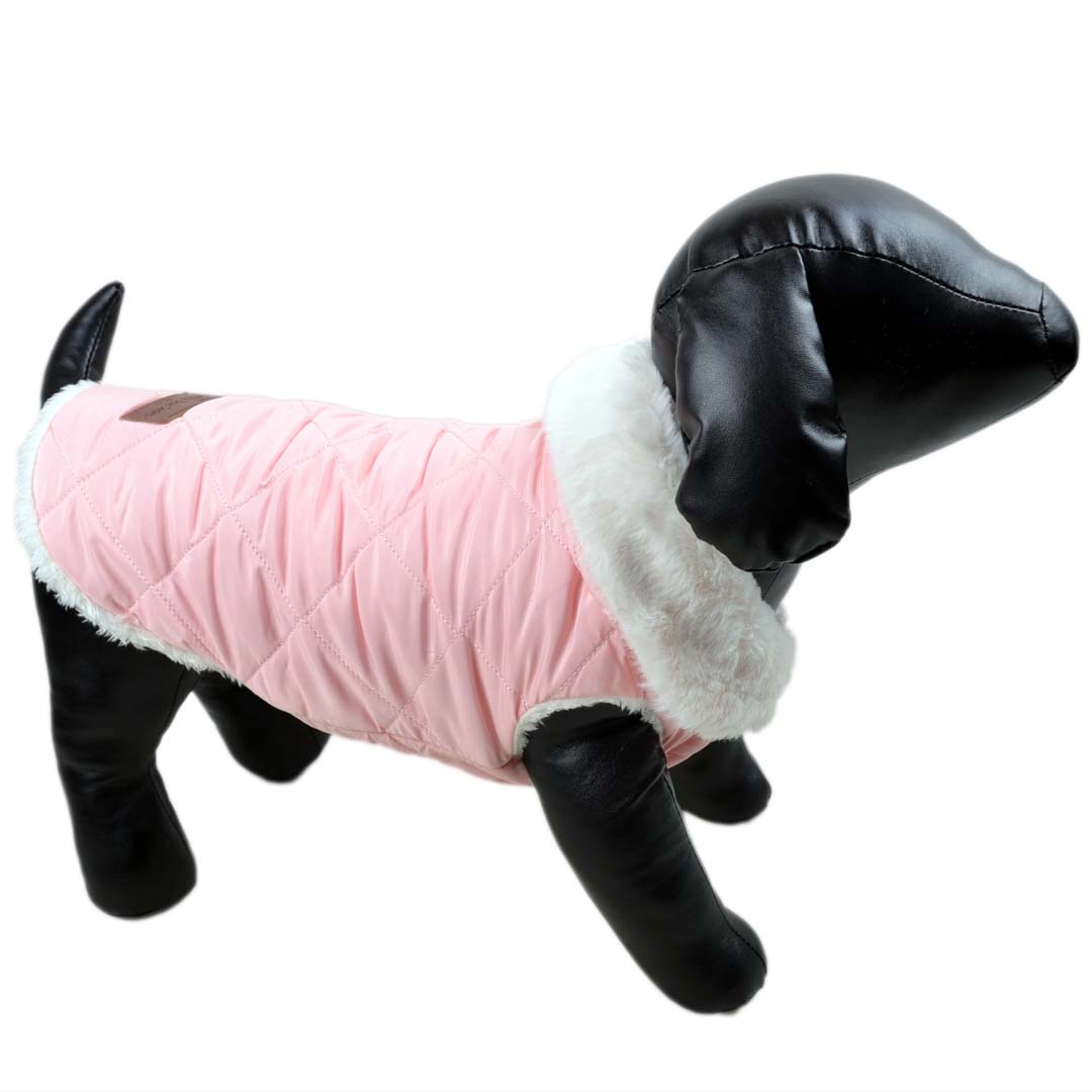 Pink dog parka with fluffy fur collar