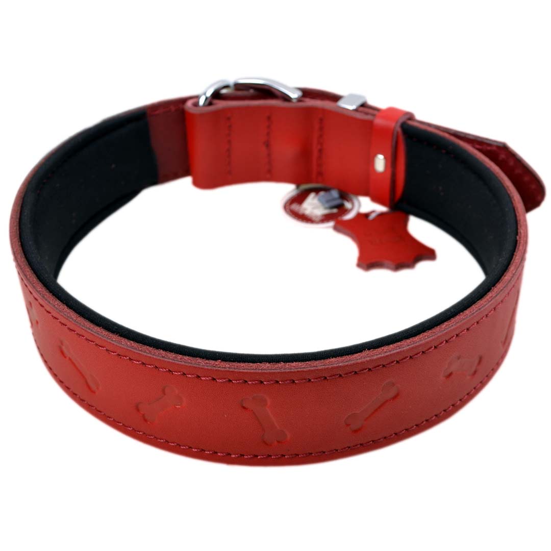 GogiPet 3D comfort leather dog collar red with bone