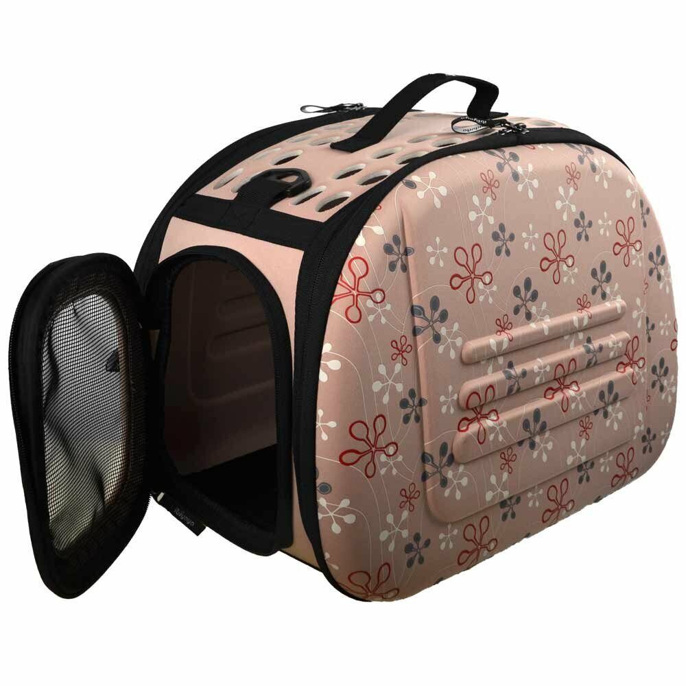 Brown dog carrier with pink dots