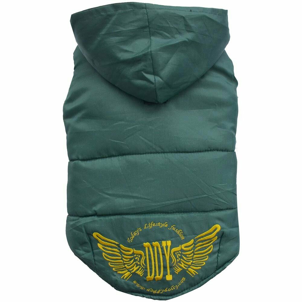 Warm dog clothing - green anorak for dogs with hood and angel's wings