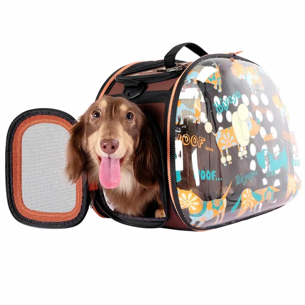 The transparent dog carrier with an all-round view