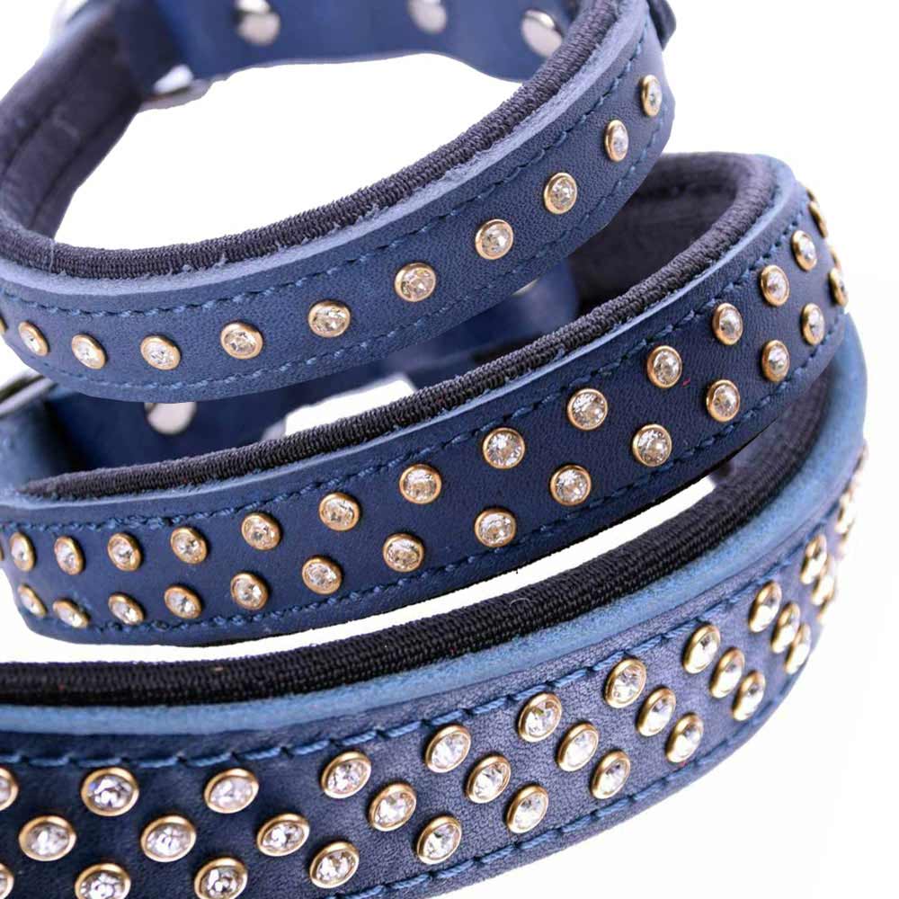 Handmade Swarovski luxury leather dog collar blue