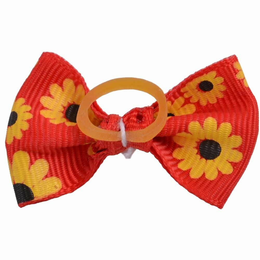 Dog hair bow rubberring red with sunflowers by GogiPet
