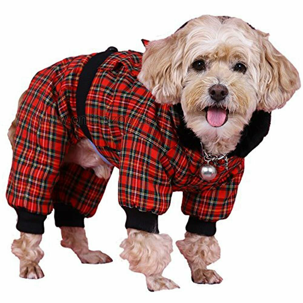 Dog robe for the winter with 4 legs plaid red