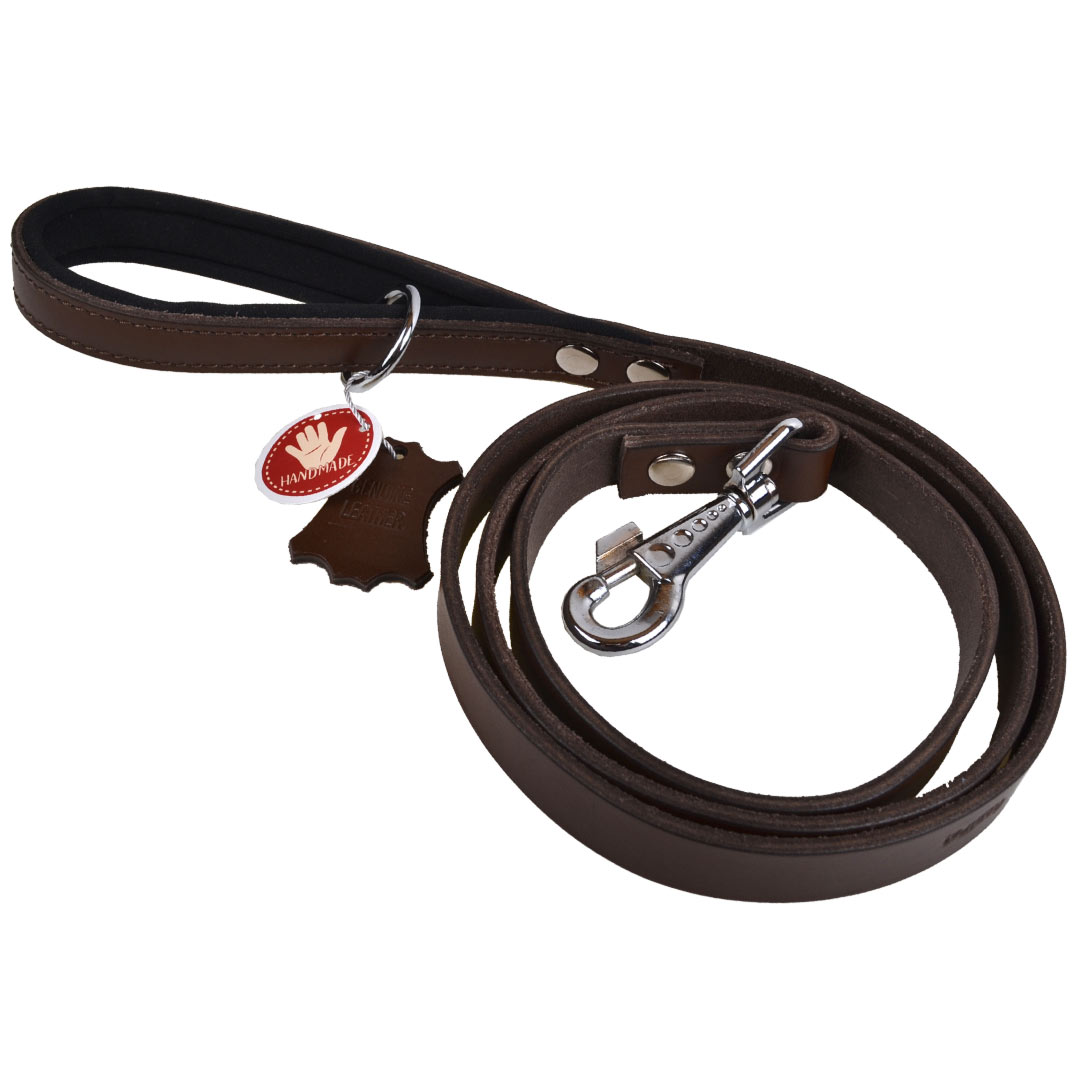 Handmade, brown genuine leather dog leash with padded handle