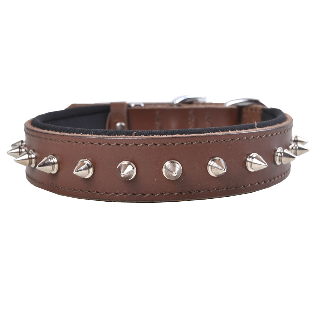 Handmade, brown leather dog collar with pointed studs