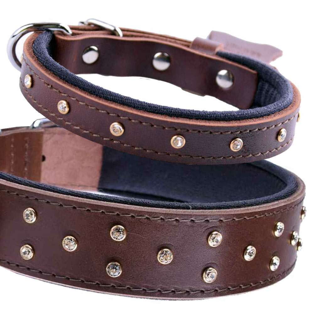 Handmade Swarovski comfort leather dog collar brown with Swarovski crystals