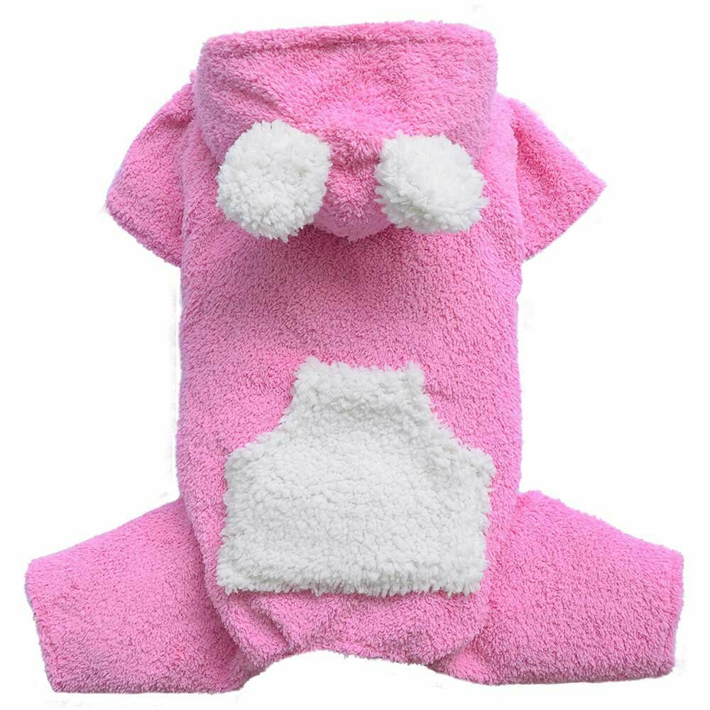 pink dog overall with white ears on the hood of this bodysuit for dogs by DoggyDolly