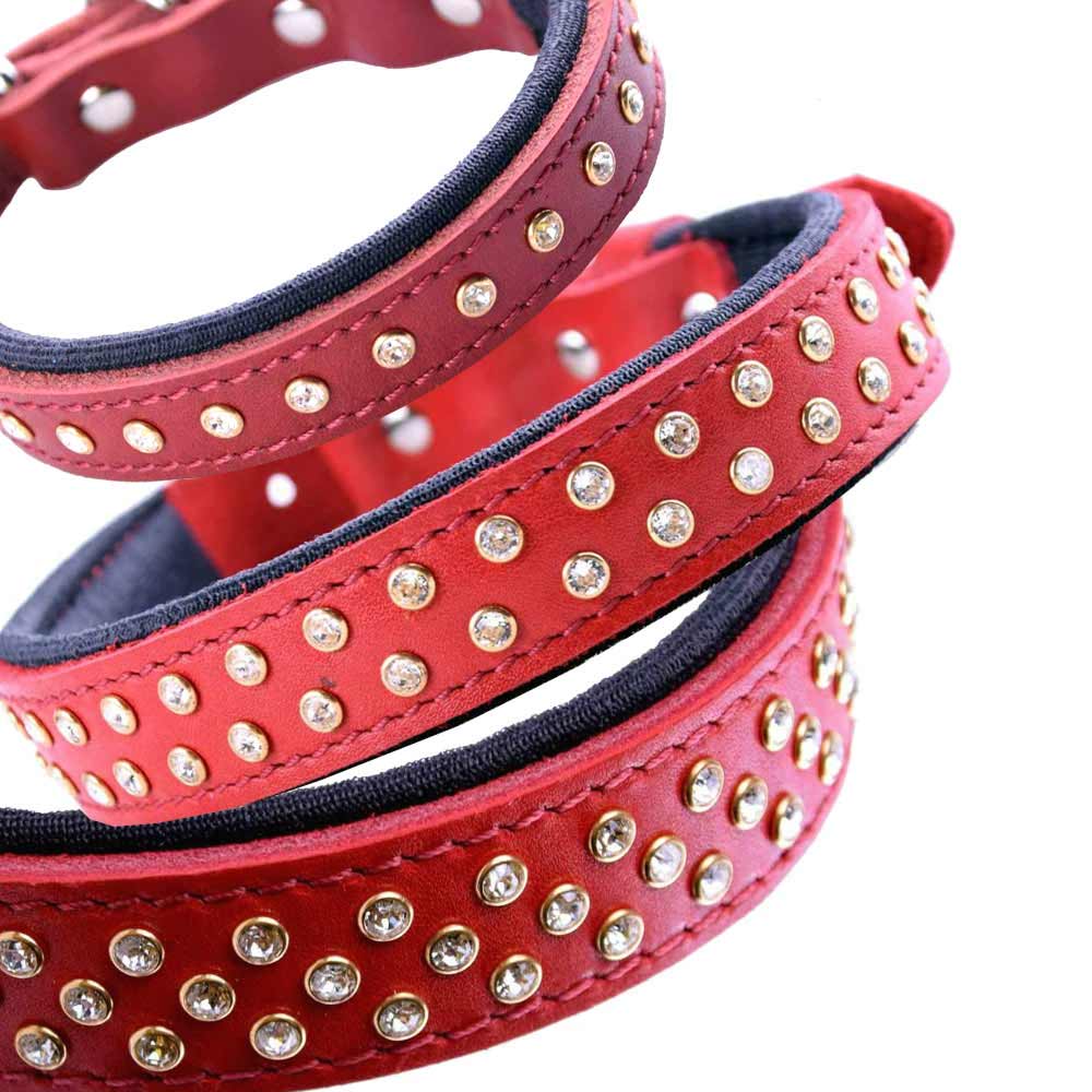 Handmade Swarovski luxury leather dog collar red