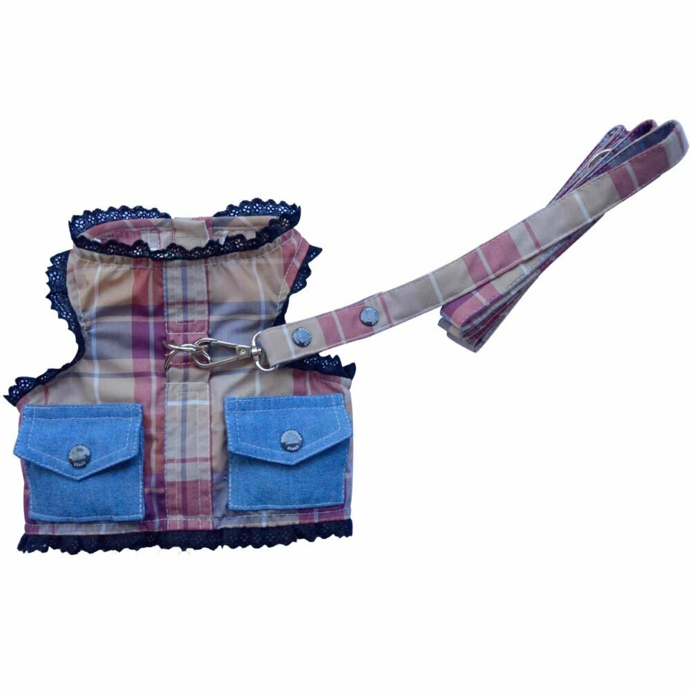 Soft chest harness red checkered with jeans pockets - Soft chest harness for dogs by DoggyDolly DCL113