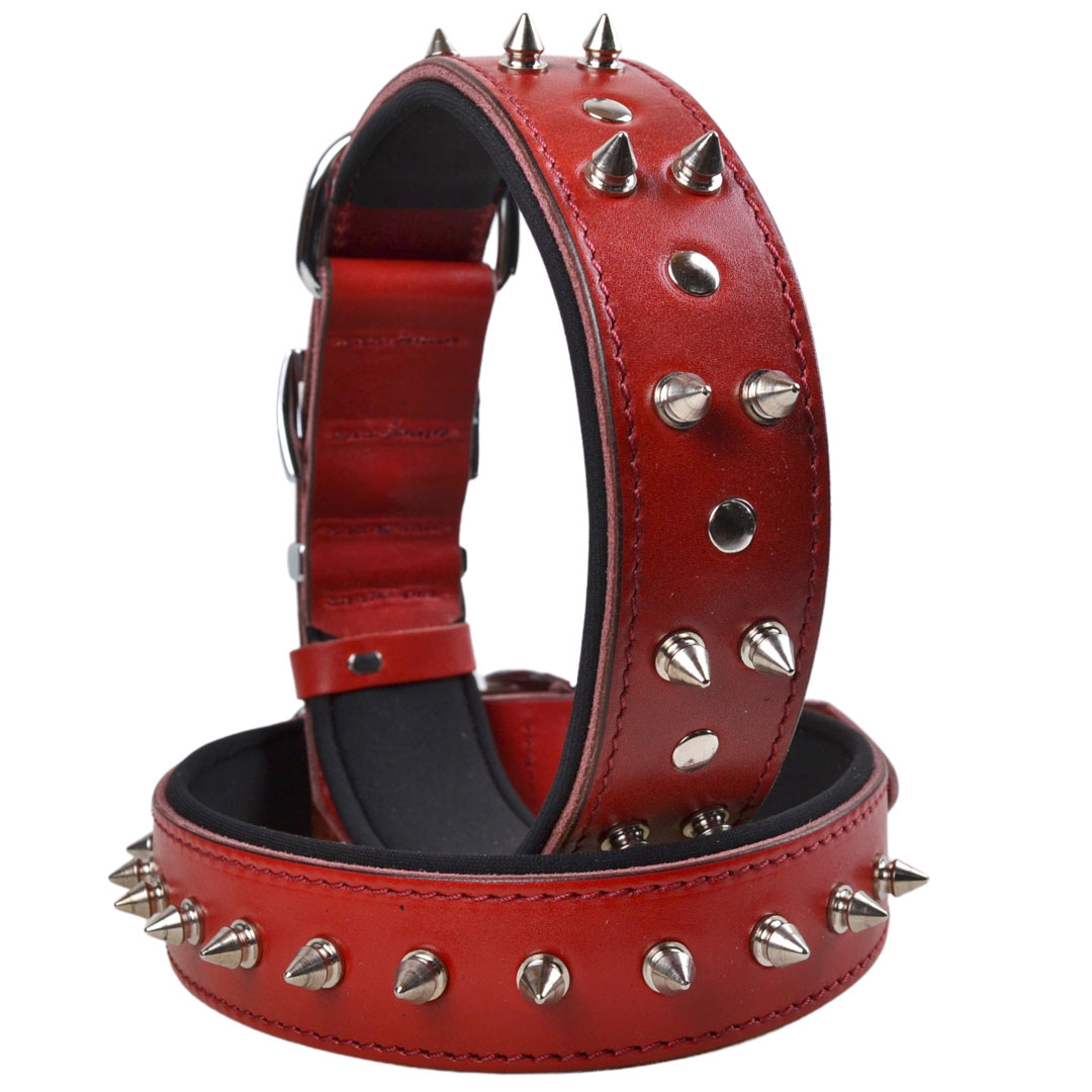 GogiPet® genuine leather spike dog collar red