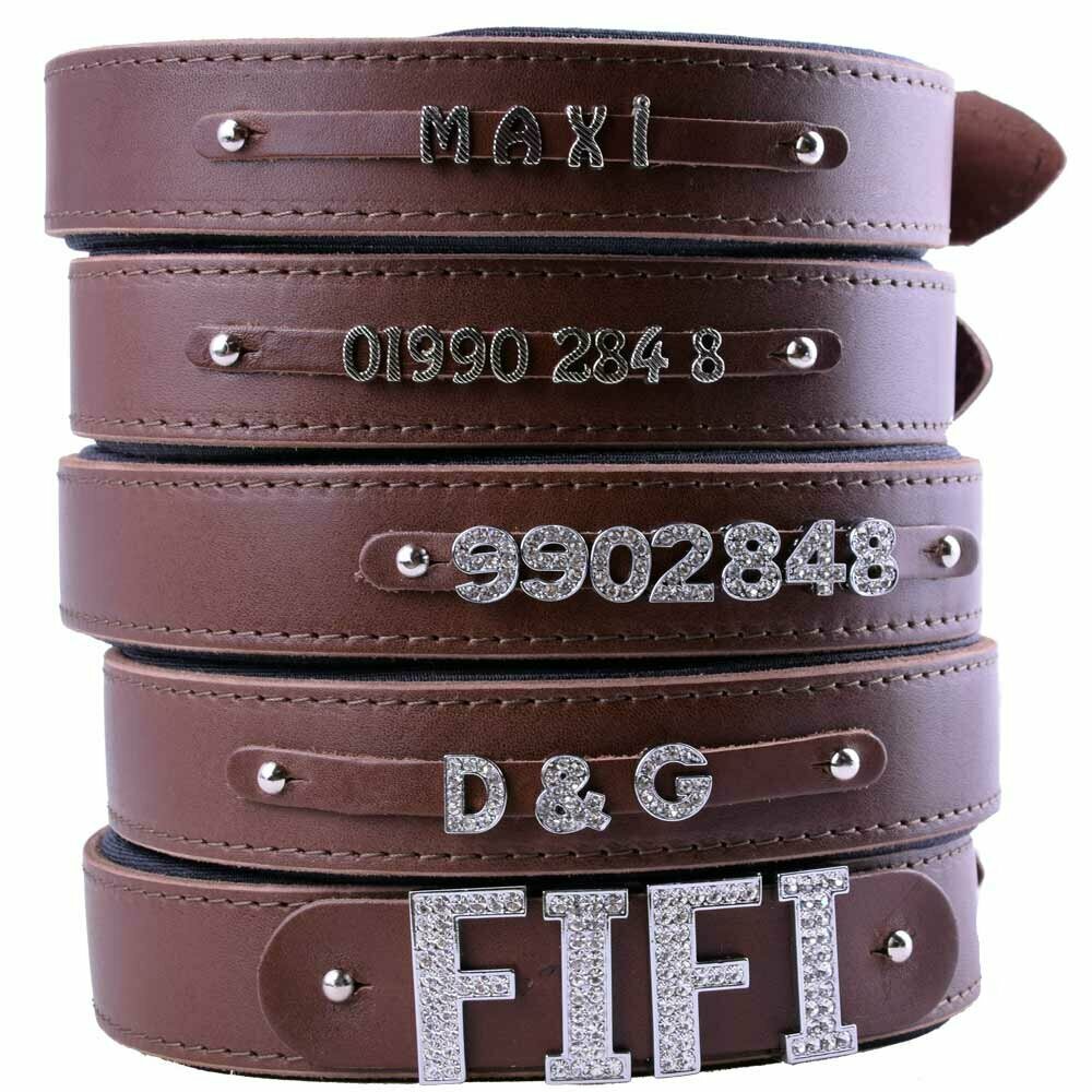 Name collar made of genuine leather brown with adapter for letters and numbers