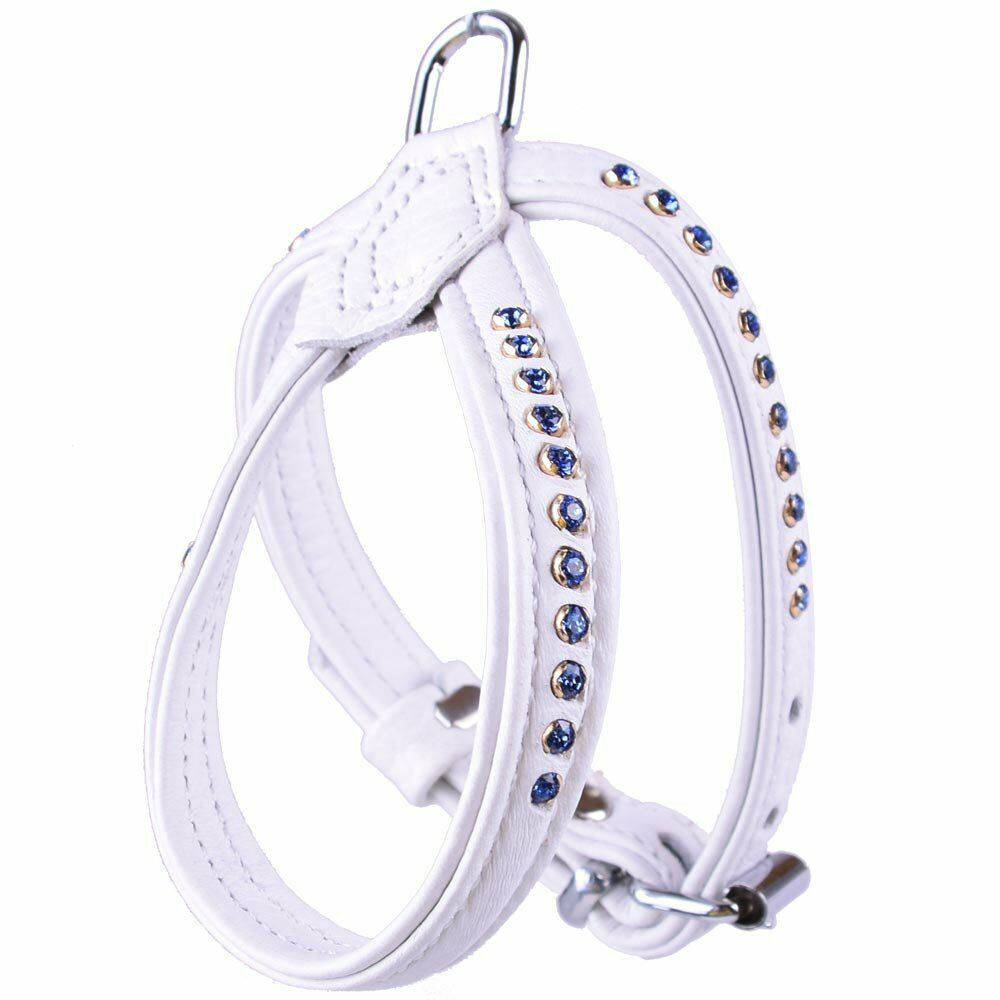 GogiPet® Swarovski Sapphire dog harness for small dogs in white leather