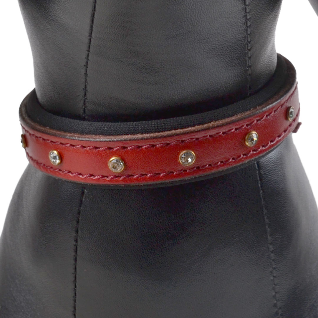 Red genuine leather dog collar with Swarovski stones