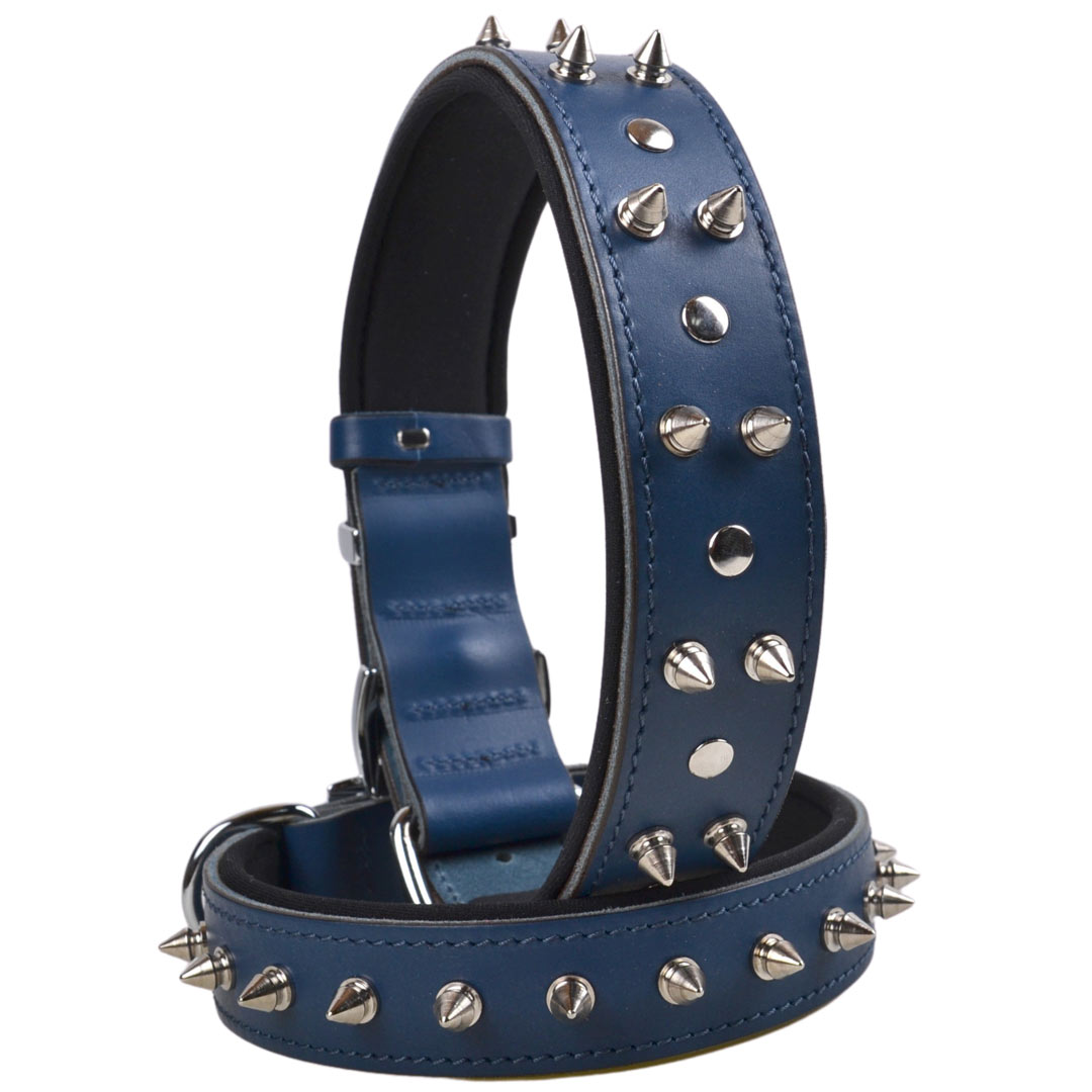 GogiPet® genuine leather spike dog collar blue