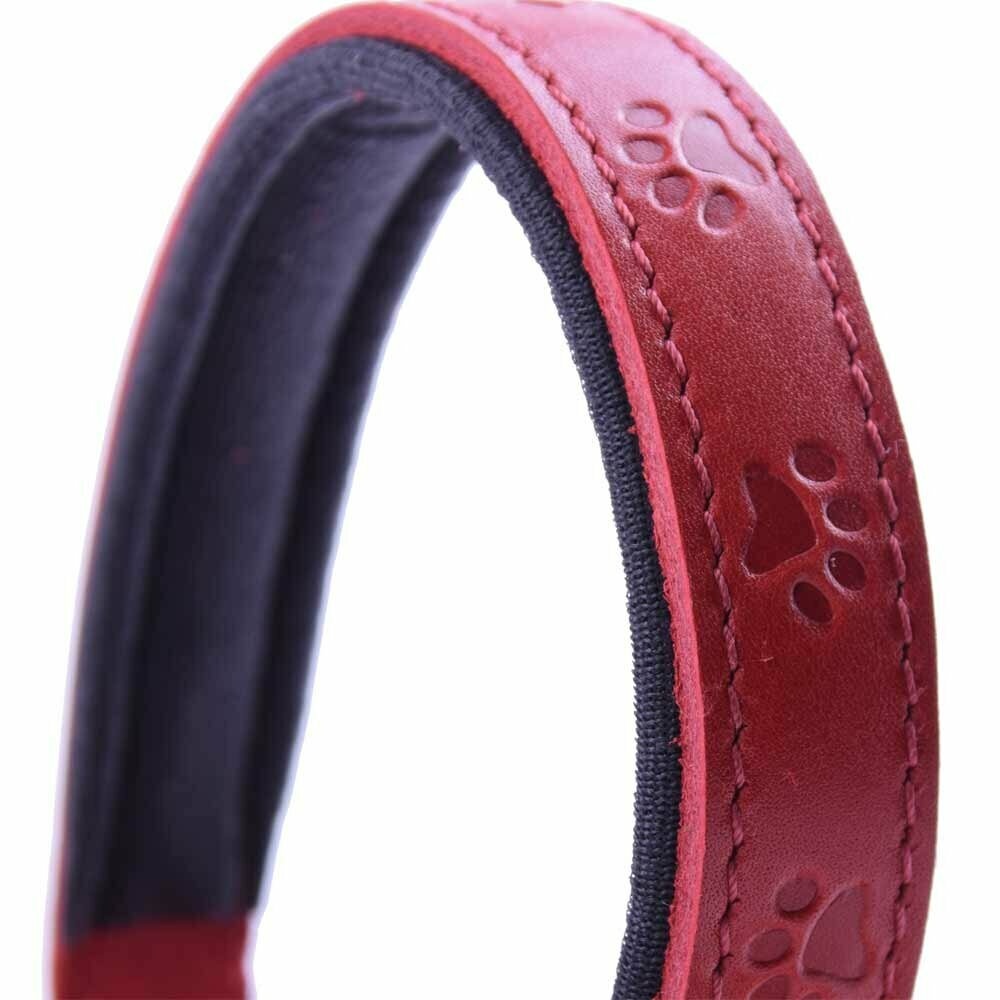 Soft padded, red dog collar with 3D paws