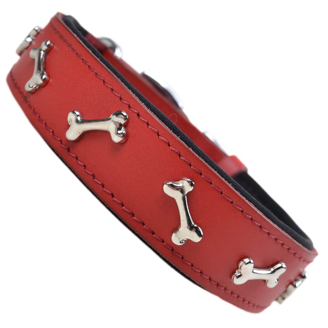 High quality dog collar made of genuine leather and soft padding with bone decoration