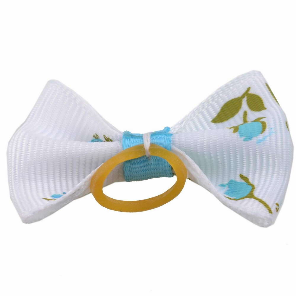 Dog hair bow rubberring white blue with flowers by GogiPet