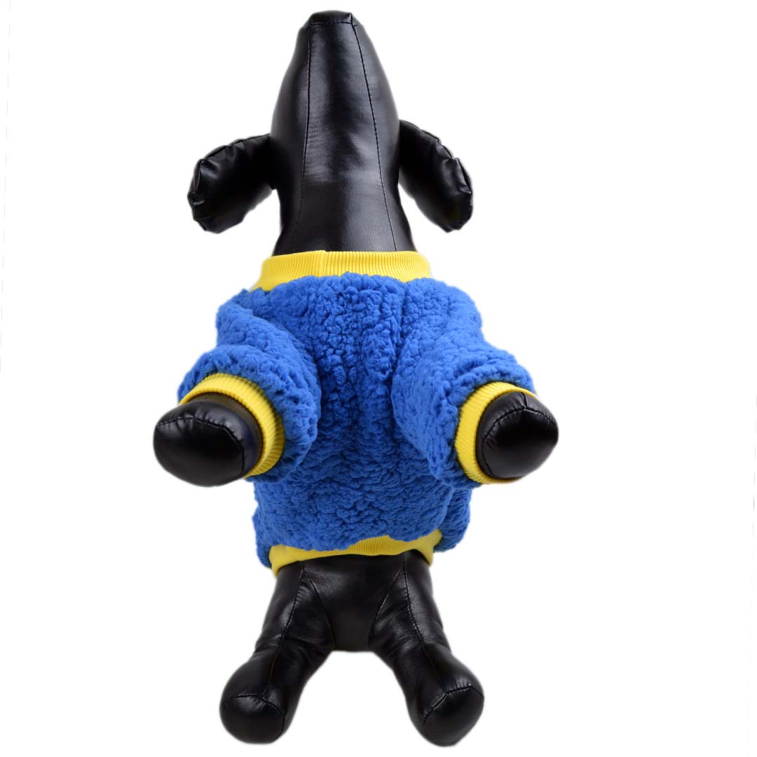 Fluffy Warm Dark Blue Dog Sweater with Yellow Cuffs