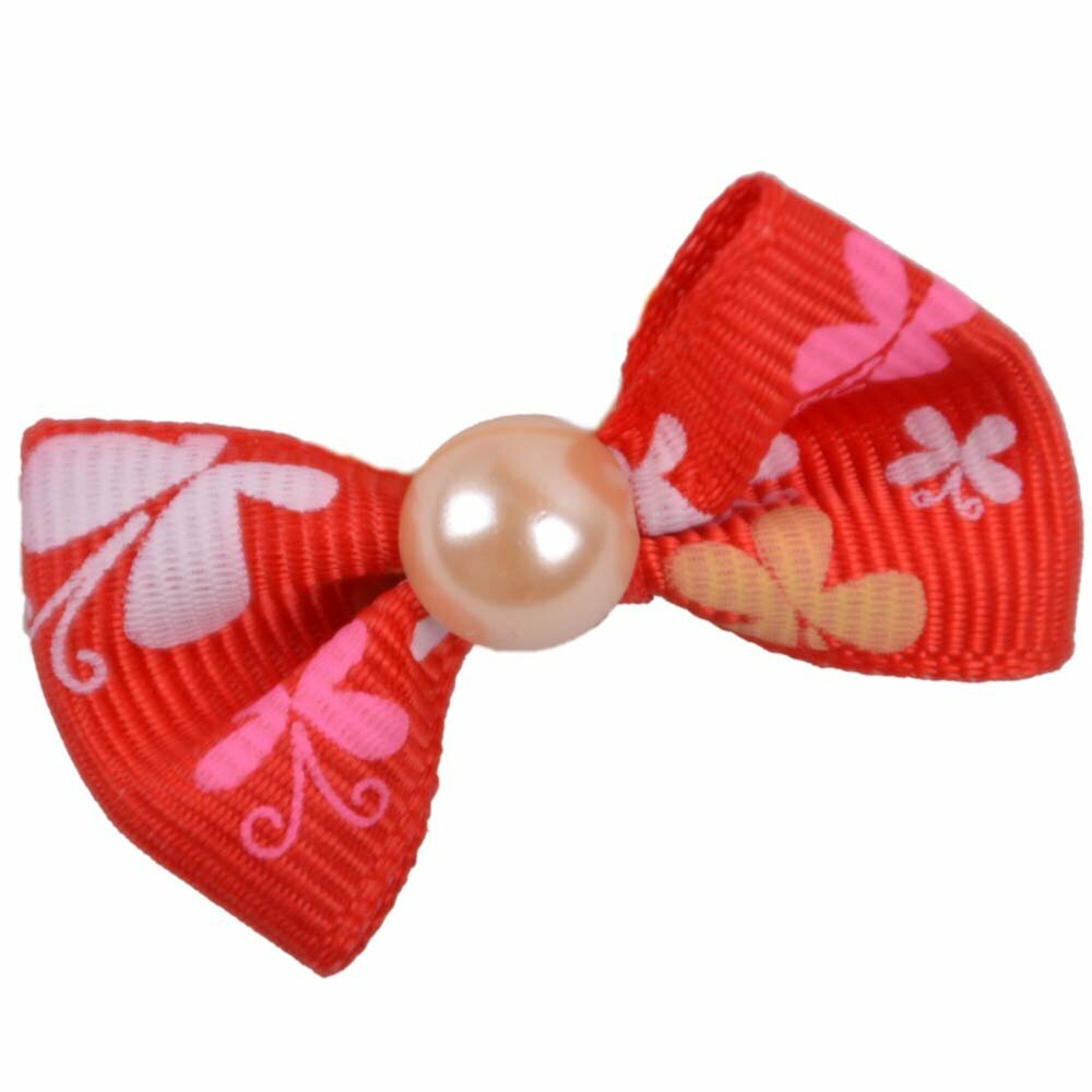 Handmade dog bow red with butterflies and a pearl by GogiPet