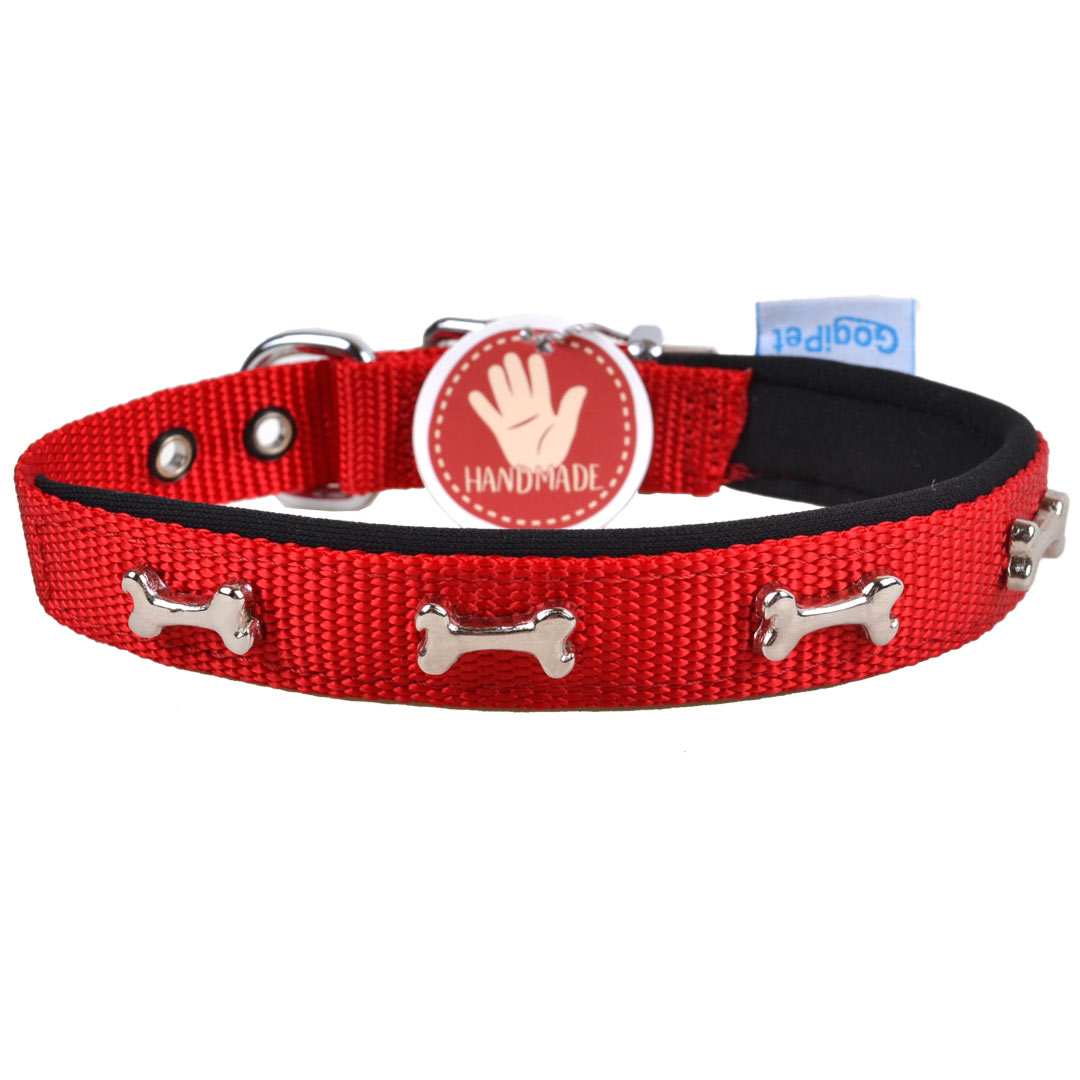 Red GogiPet® comfort dog collar with bone for neck circumference 30-35cm