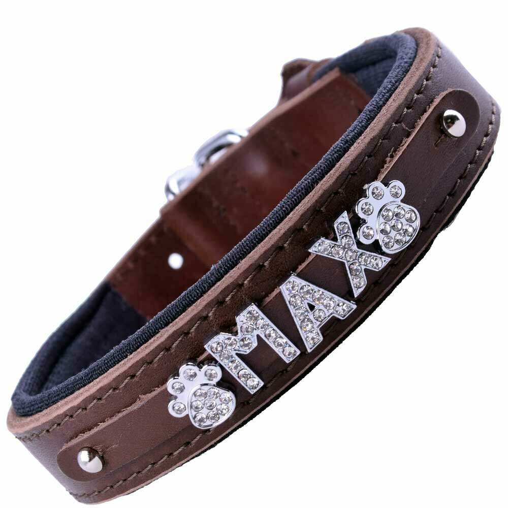 Name collar made of brown leather with rhinestone letters