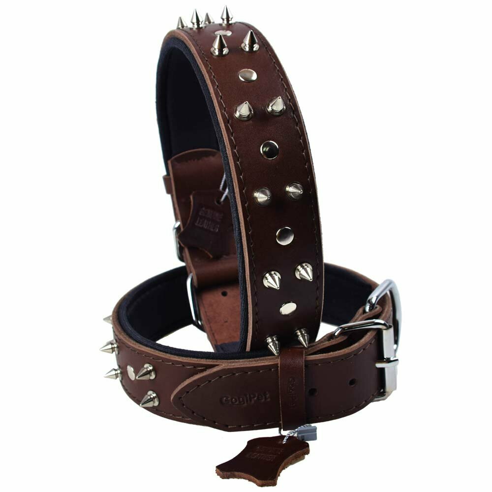 GogiPet® Spike leather dog collar 75 cm brown