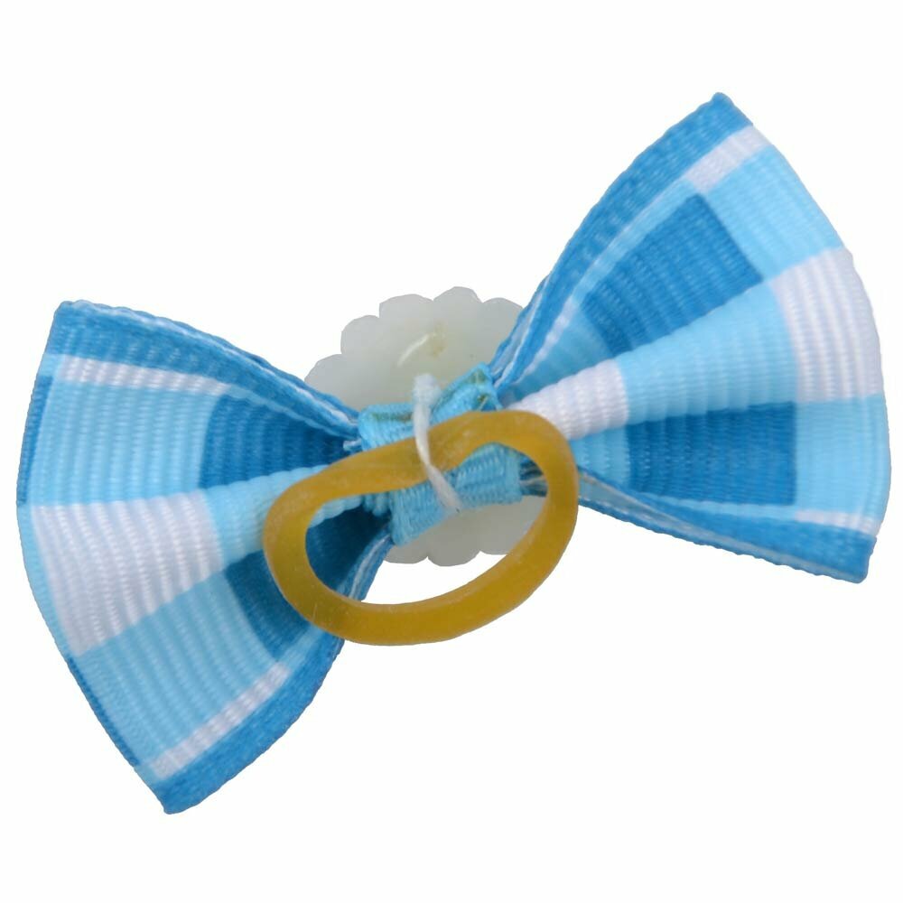 Dog bow with rubber ring - light blue checkered with stone by GogiPet
