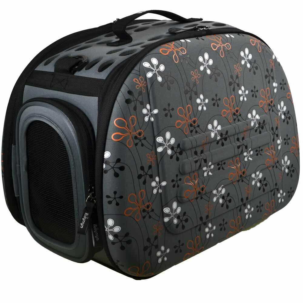 Brown dog carrier with pink polka dots