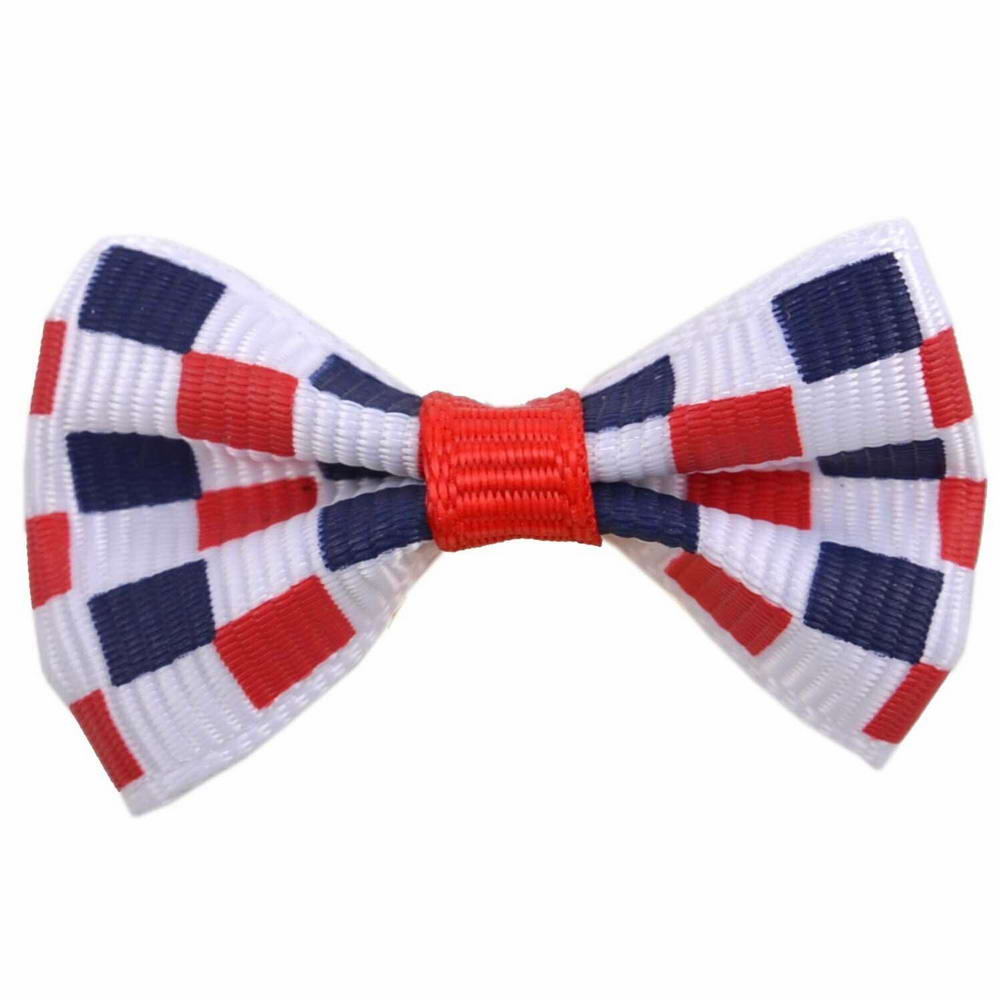 Handmade pet bow white with red and blue squares dots by GogiPet