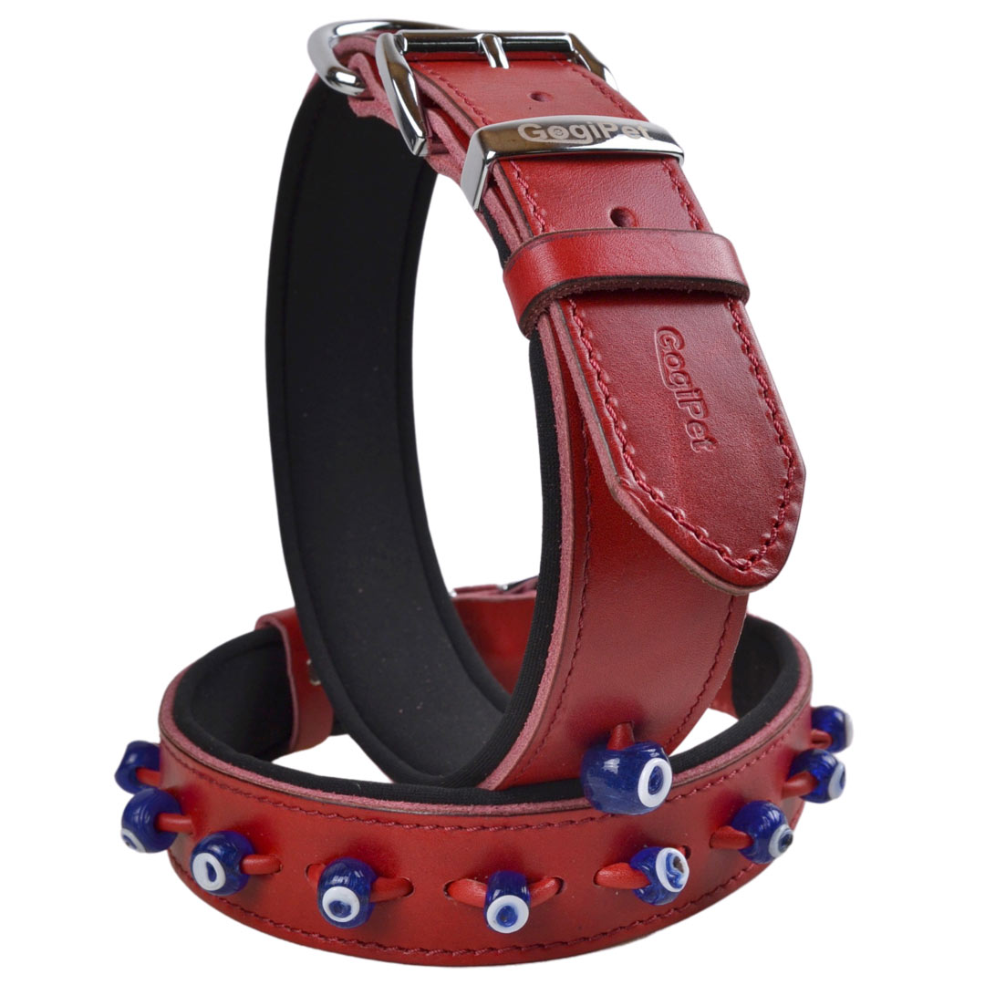 GogiPet Nazar eyes dog collar made of red leather with numerous Nazar glass ornaments from traditional handcraft