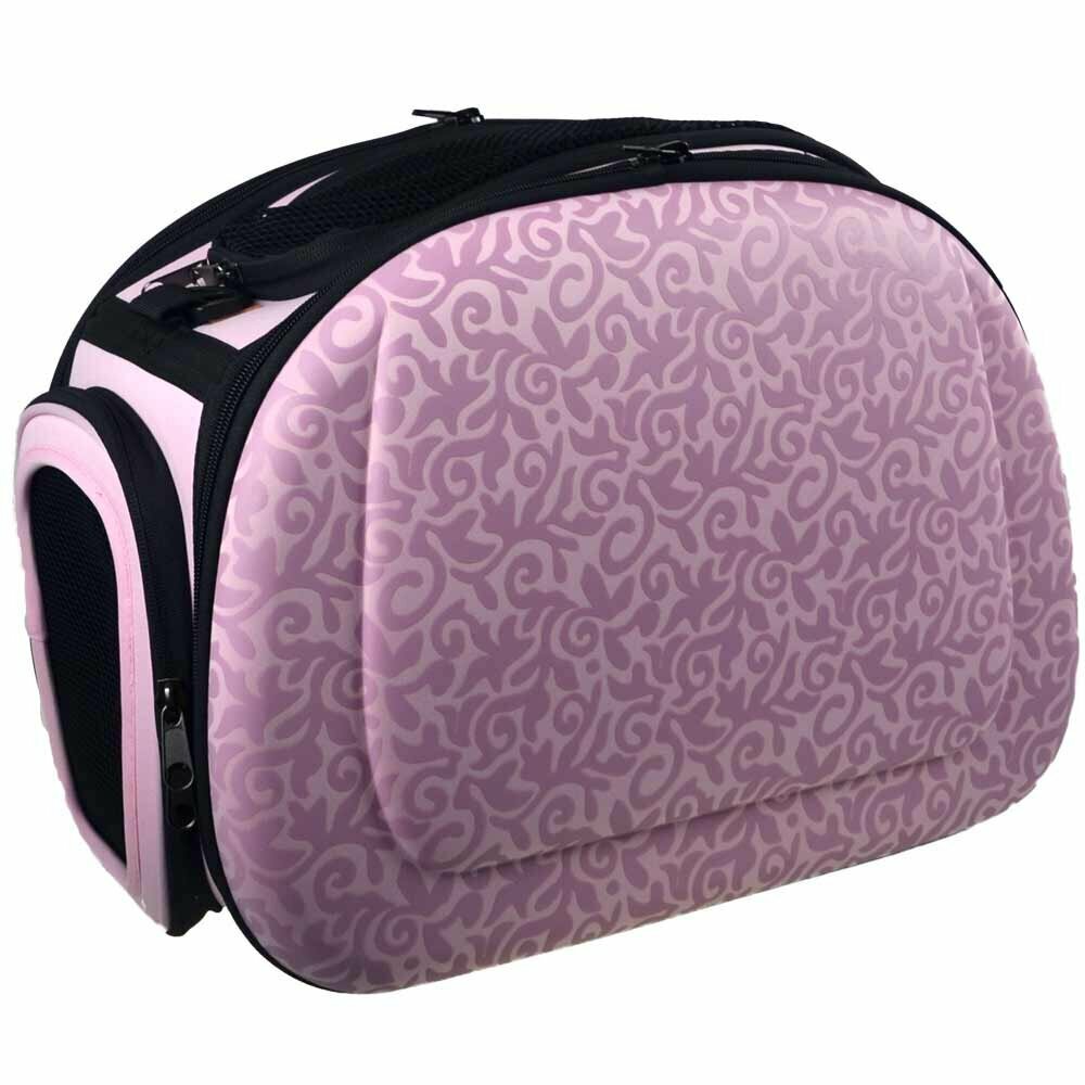 Pink dog carrier with baroque pattern