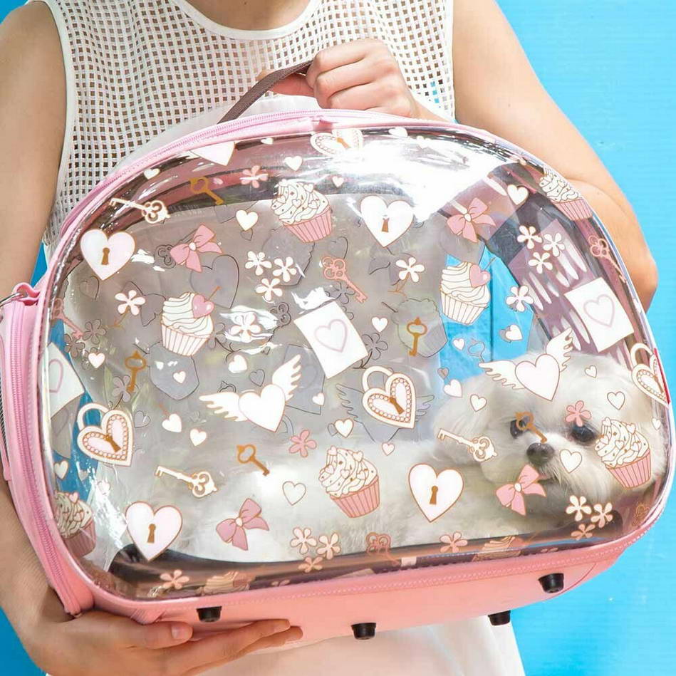 Dog carrier pink with many love motifs
