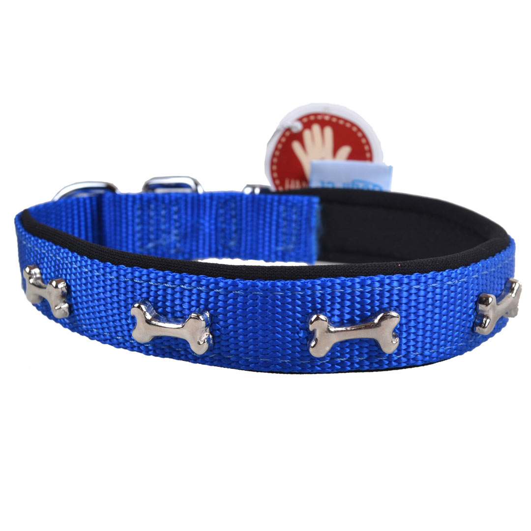 Handmade premium dog collar blue with bone